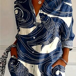 Blue and White Women's Button Down Blouse Top